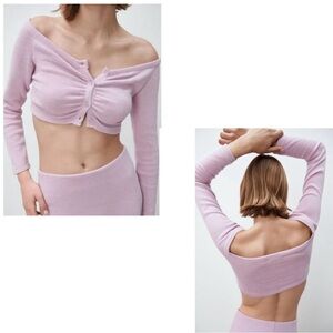 Zara Lilac purple long sleeve off the shoulder cropped sweater top button front